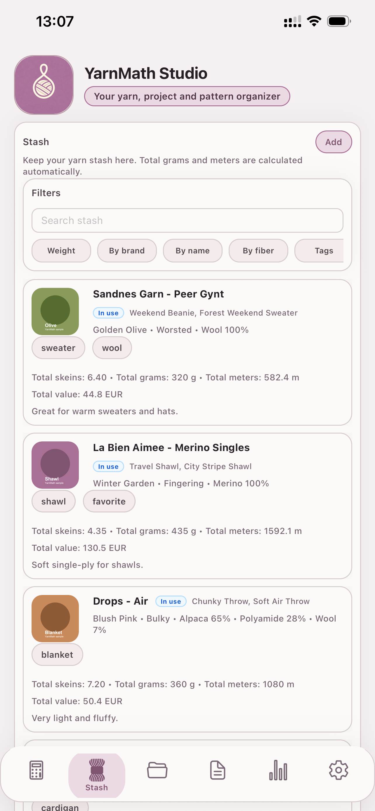 YarnMath Studio stash screen