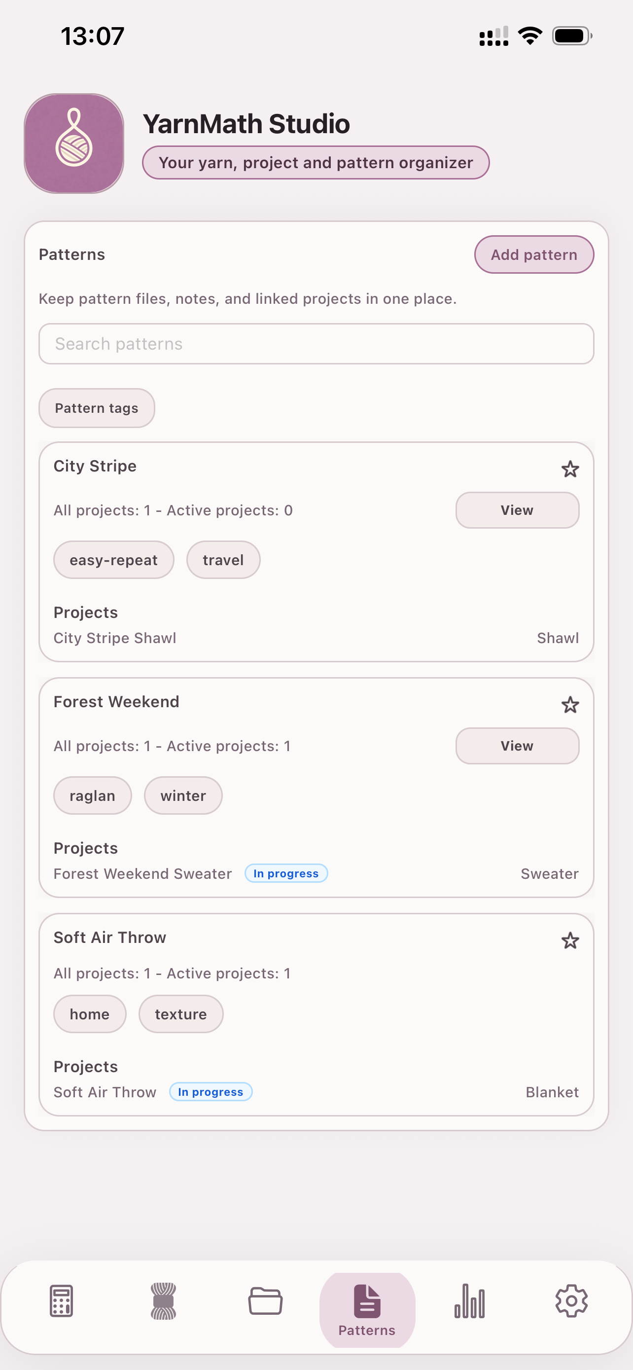 YarnMath Studio patterns screen