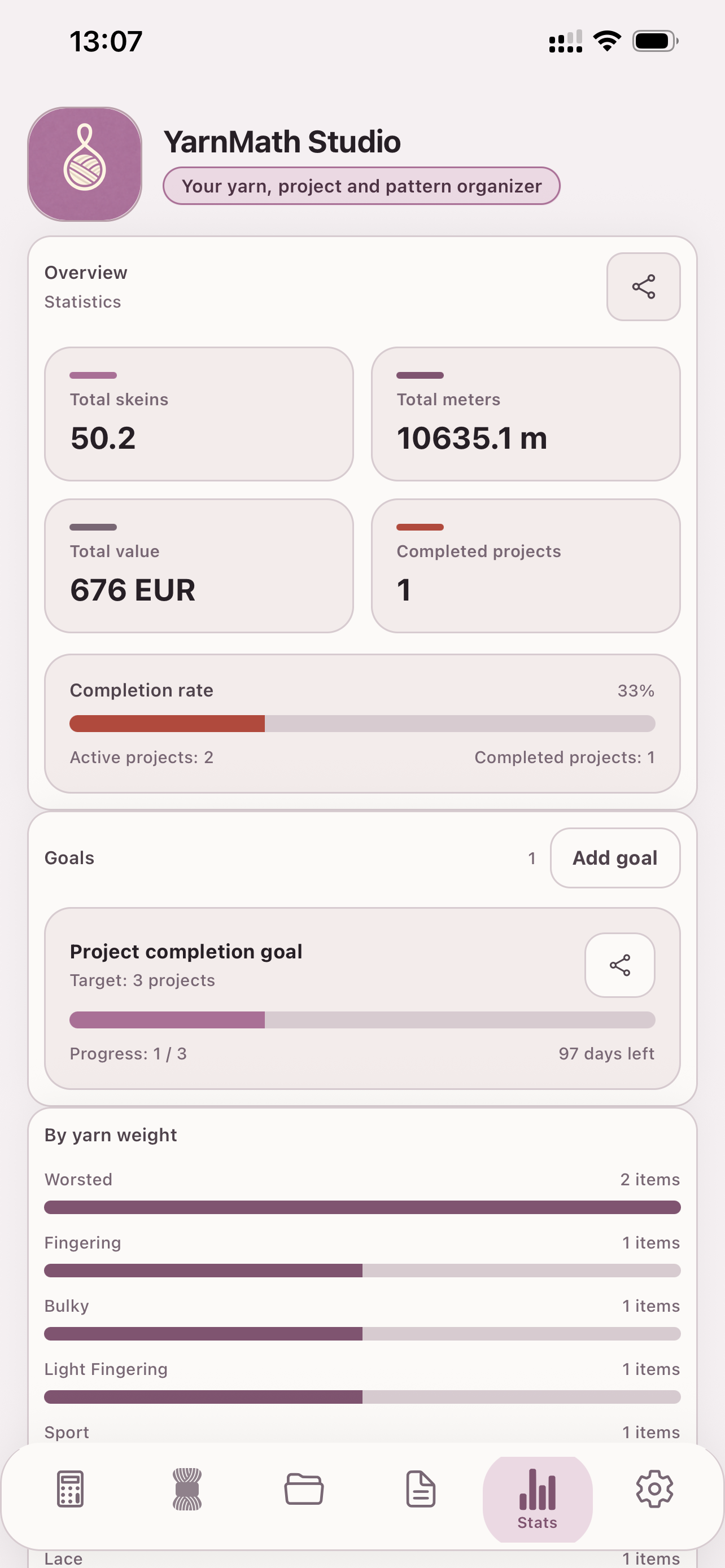 YarnMath Studio statistics screen